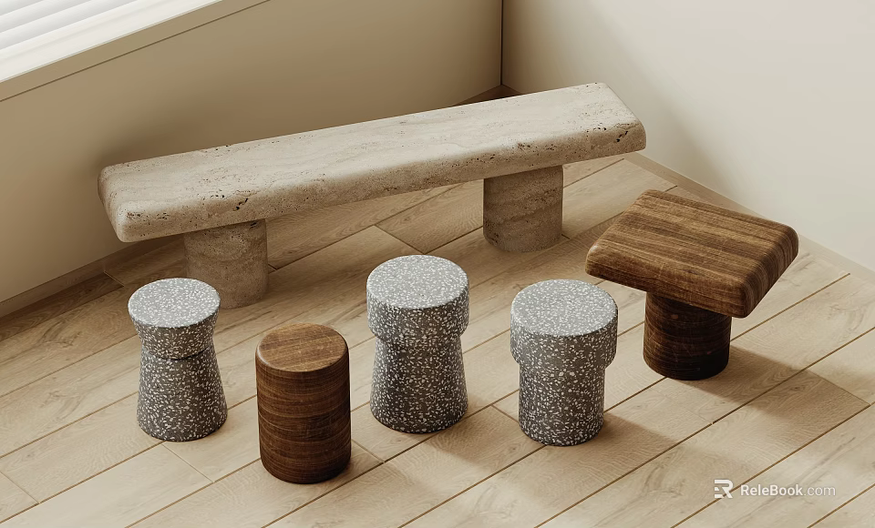 Light Colored Stone Bench And Wooden Stools On Indoor Wooden Floor 3d model 