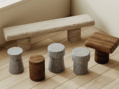 Light Colored Stone Bench And Wooden Stools On Indoor Wooden Floor 3d model