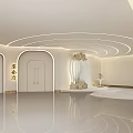 Modern Reception Area With White Curved Desk Streamlined Ceiling Lights And Reflective Floor 3d model