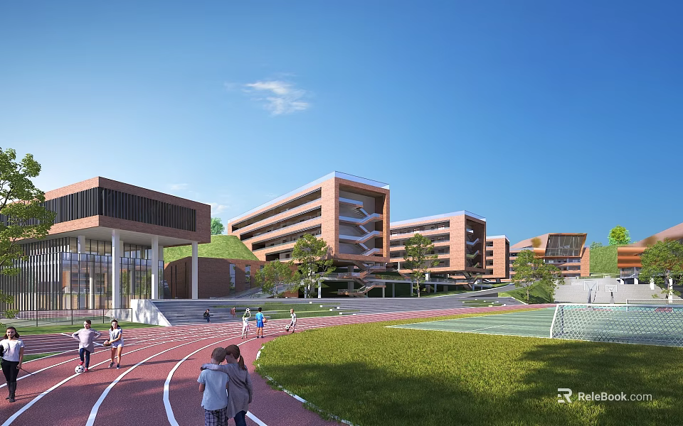 Modern School Buildings With Red Brick Exterior Track Field Green Lawn And Students 3d model 