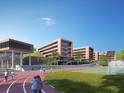 Modern School Buildings With Red Brick Exterior Track Field Green Lawn And Students 3d model