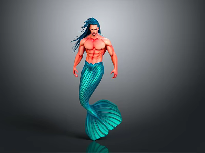 Muscular Male Mermaid With Blue Long Hair And Green Fish Tail On Dark Background 3d model