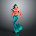 Muscular Male Mermaid With Blue Long Hair And Green Fish Tail On Dark Background