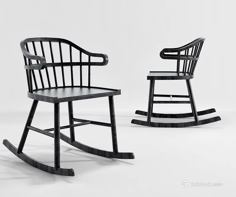 Two Black Indoor Modern Wooden Rocking Leisure Chairs With Armrests Slatted Backrests 3d model 