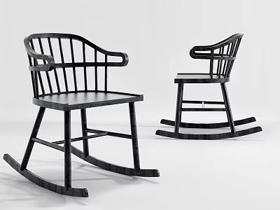 Two Black Indoor Modern Wooden Rocking Leisure Chairs With Armrests Slatted Backrests 3d model