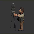 3D Cartoon Photographer Character Using Vintage Movie Camera On Tripod