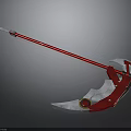 Red and Silver Scythe Weapon with Long Handle and Circular Red Accents