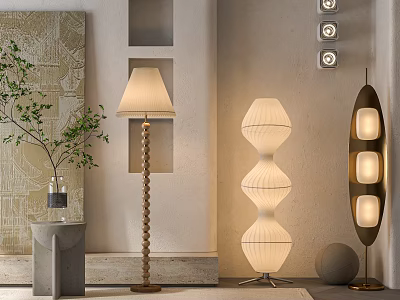 Elegant Floor Lamps Featuring Wooden Texture Wavy Layers And Vertical Light Designs In Home Interior 3d model