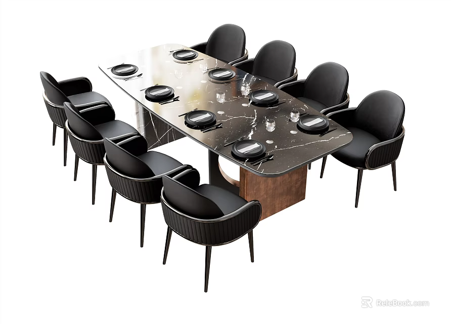 Modern Dining Table Set With Marble Tabletop And Black Chairs Plates Glasses 3d model
