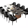 Modern Dining Table Set With Marble Tabletop And Black Chairs Plates Glasses 3d model