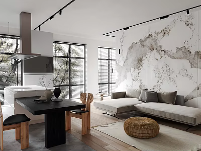 Modern Living Dining Room Interior Design With Open Layout Artistic Wall Sofa And Dining Table 3d model
