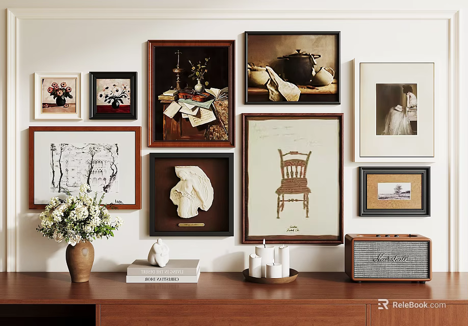 Abstract Paintings on Wall with Various Styles Wooden Cabinet Vase Books Candlesticks and Radio 3d model 
