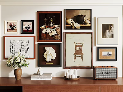 Abstract Paintings on Wall with Various Styles Wooden Cabinet Vase Books Candlesticks and Radio 3d model