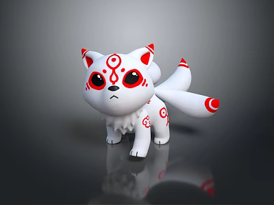 White Fox Cartoon Character With Red Patterns Big Red Eyes And Three Tails 3d model