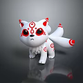 White Fox Cartoon Character With Red Patterns Big Red Eyes And Three Tails