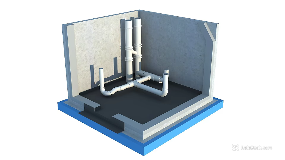 Building Interior Piping System Installation With White Pipes Gray Walls And Blue Base 3d model 