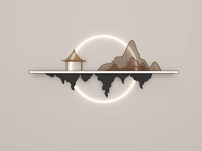 Chinese Style Wall Decor with Pagoda Mountain and Circular Halo Design 3d model