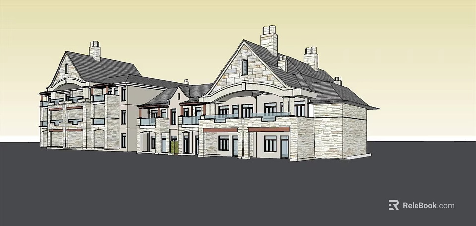 Traditional Stone Building Exterior With Multiple Chimneys Balconies And Gabled Roof 3d model 