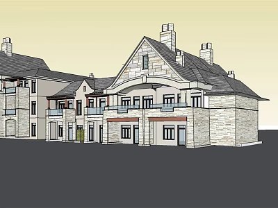 Traditional Stone Building Exterior With Multiple Chimneys Balconies And Gabled Roof 3d model