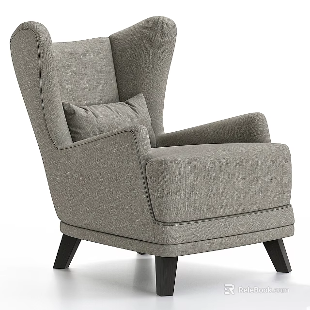 Stylish Gray Fabric Accent Chair With High Back Armrests And Black Wooden Legs 3d model 