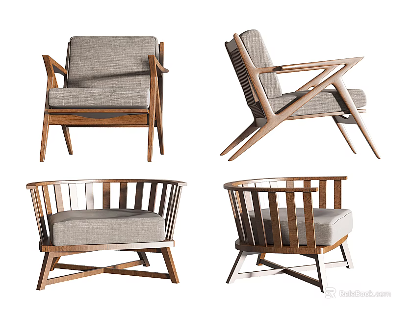 Modern Minimalist Accent Chair Designs With Wooden Frame And Upholstered Seat Cushion 3d model 