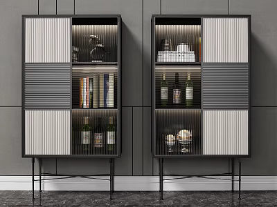 Modern Double Wine Cabinet Design With Glass Doors Wine Bottles Glasses And Books 3d model