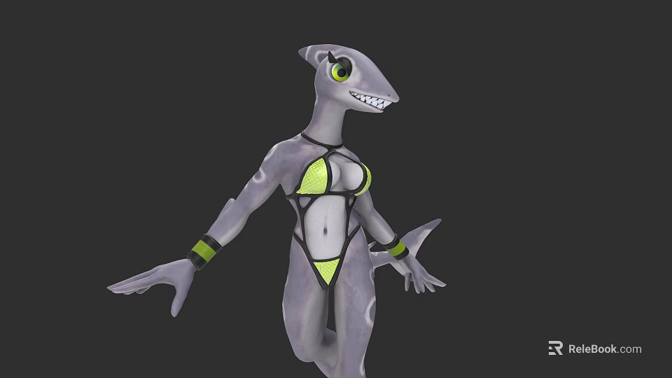 Woman With Gray Body Green Accents Shark Like Large Eyes Sharp Teeth And Finned Arms 3d model 