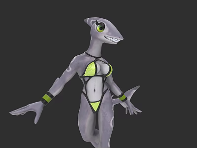 Woman With Gray Body Green Accents Shark Like Large Eyes Sharp Teeth And Finned Arms 3d model