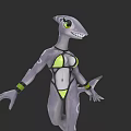 Woman With Gray Body Green Accents Shark Like Large Eyes Sharp Teeth And Finned Arms