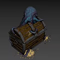 Octopus Shaped Game Movie Character Emerging From Wooden Treasure Chest With Scattered Gold Coins