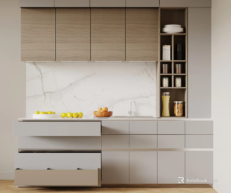 Organized Modern Kitchen Dinnerware Set With Marble Countertop And Storage Cabinets Shelves 3d model 