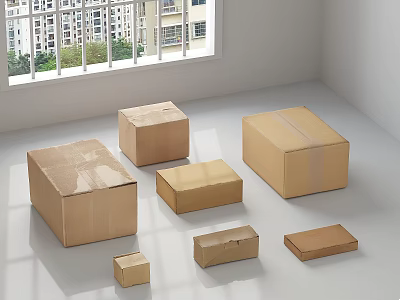 Assorted Sizes of Brown Cardboard Boxes Placed on White Floor in Bright Room With Window 3d model
