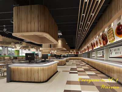 Modern Restaurant Interior With Wooden Ceiling Order Counter Food Images On Walls And Checkerboard Floor 3d model