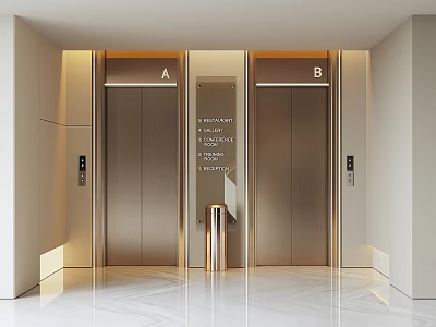 Luxurious Modern Hotel Elevator Lobby With Metallic Doors Elegant Lighting And Marble Floor 3d model