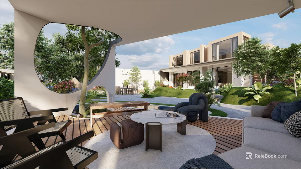 Modern Garden Patio Design With Outdoor Sofa Chairs Round Coffee Table Wooden Deck And Green Plants 3d model 