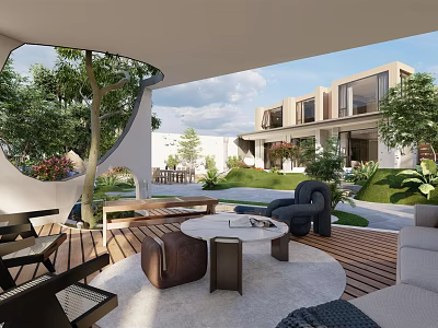 Modern Garden Patio Design With Outdoor Sofa Chairs Round Coffee Table Wooden Deck And Green Plants 3d model