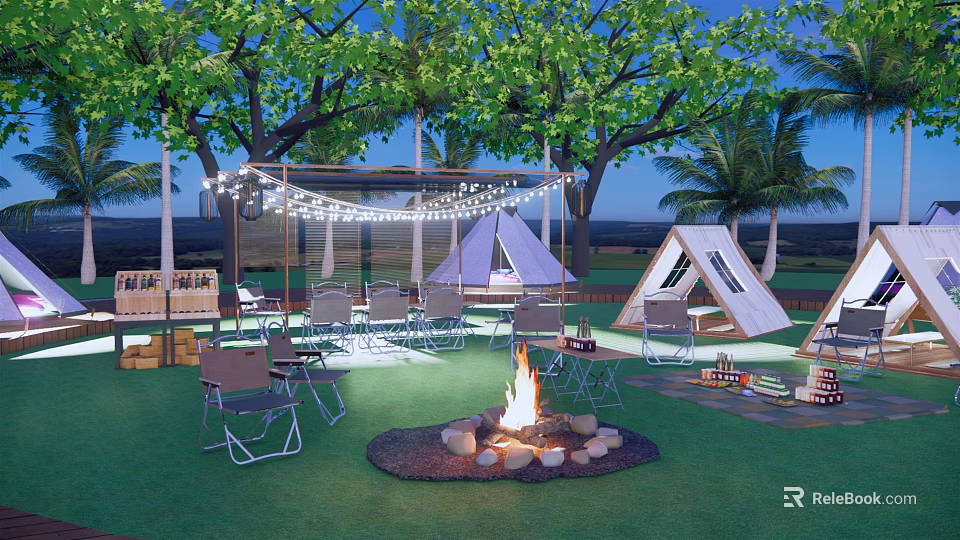 Outdoor Camping Tent Setup With Bonfire Chairs Tables String Lights And Trees 3d model