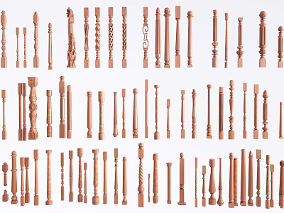 Various Wooden Balusters With Different Decorative Designs And Carved Patterns 3d model