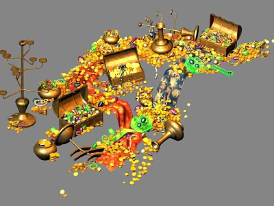 Treasure Collection With Open Chests Gold Coins Jewels And Decorative Antiques 3d model
