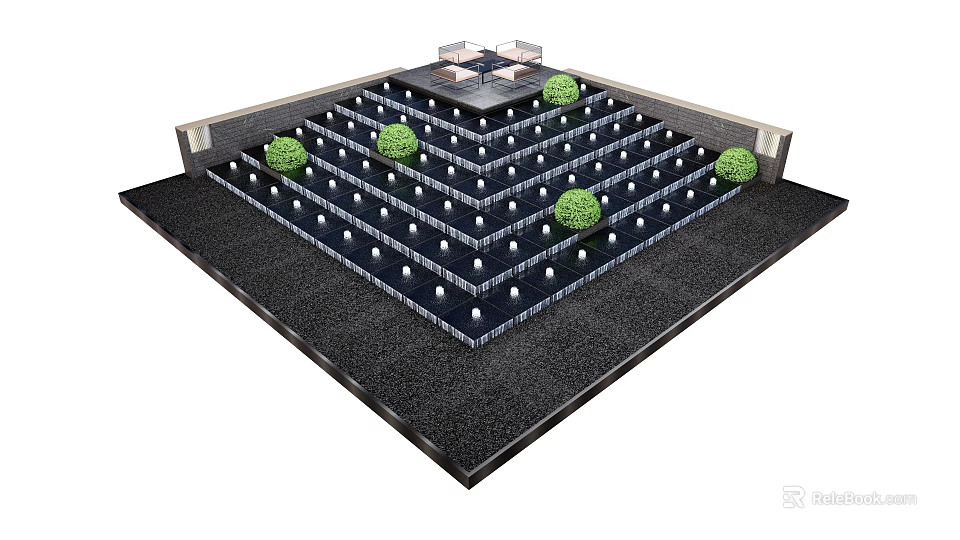 Ornamental Tiered Garden Design with Symmetrical Trimmed Shrubs Decorative Balls and Central Platform 3d model 