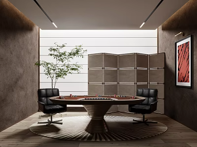 Hotel Mahjong Room Modern Interior Design With Round Table Black Chairs Partition Plant Lighting 3d model