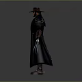 Detailed 3D Character Model With Stylish Trench Coat Wide Brim Hat And Dual Blades