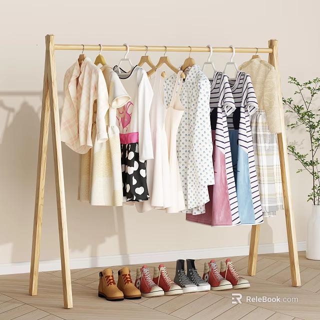 Wooden Clothes Rack with Hanging Dresses Shirts and Various Clothing and Shoes in Bright Room 3d model 
