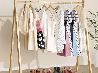 Wooden Clothes Rack with Hanging Dresses Shirts and Various Clothing and Shoes in Bright Room 3d model