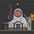 Cartoon Style Detailed House With Blue Roof Purple Chimney Colorful Round Window And Orange Decoration