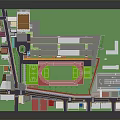 Vibrant Cartoon Scenario With Green Sports Field Surrounding Buildings Trees And Roads