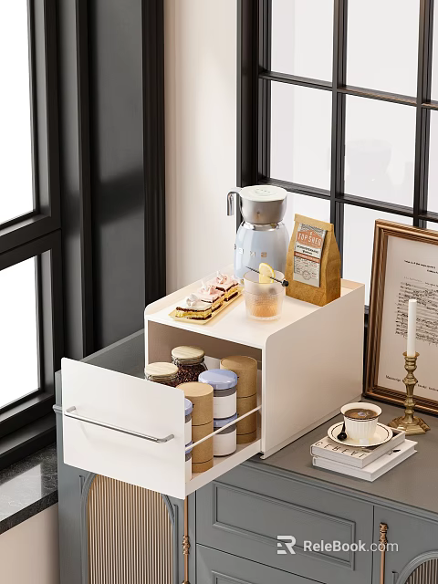 Elegant White Tea Set Storage Cabinet With Tea Bags Jars And Cup By Window 3d model 