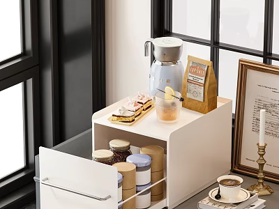 Elegant White Tea Set Storage Cabinet With Tea Bags Jars And Cup By Window 3d model