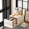 Elegant White Tea Set Storage Cabinet With Tea Bags Jars And Cup By Window