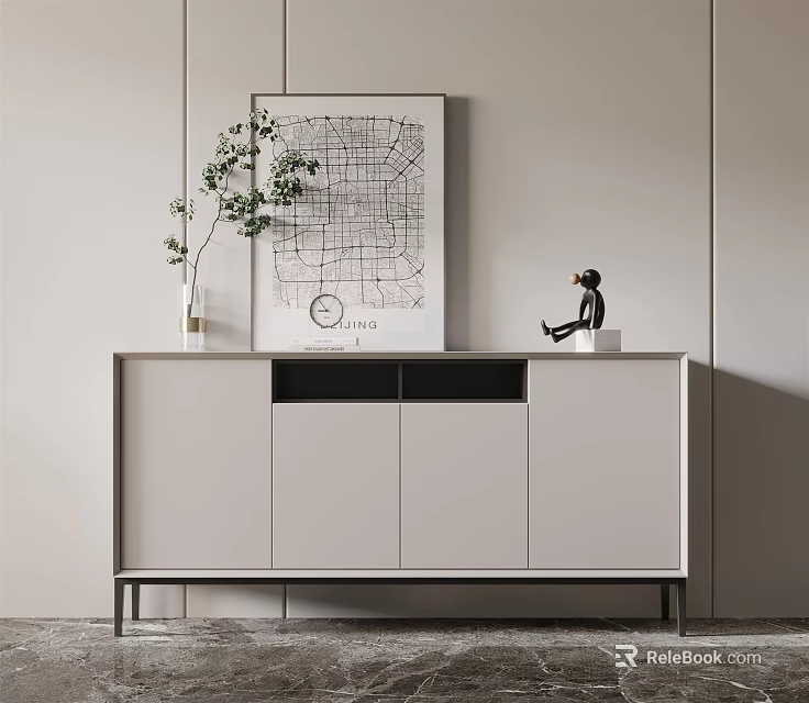 Modern Light Gray Entryway Console Cabinet With Wall Art Vase And Figurine Decoration 3d model 
